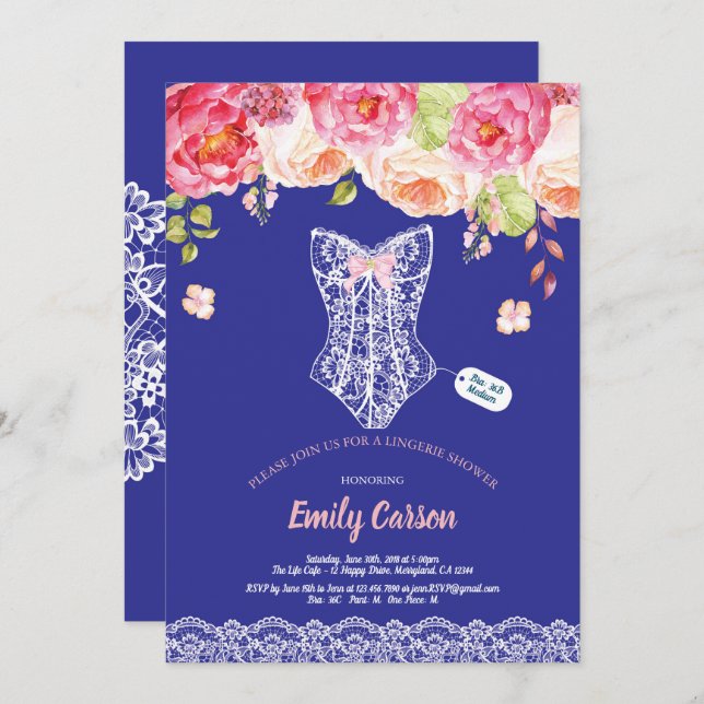 Royal blue lace lingerie shower bridal party invitation (Front/Back)