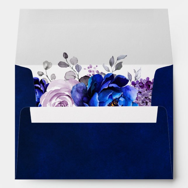 Royal Blue Lilac Purple Floral Wedding Envelope (Back (Bottom))