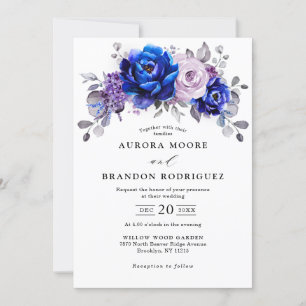 Royal Blue Lilac Purple Floral Wedding Invitation