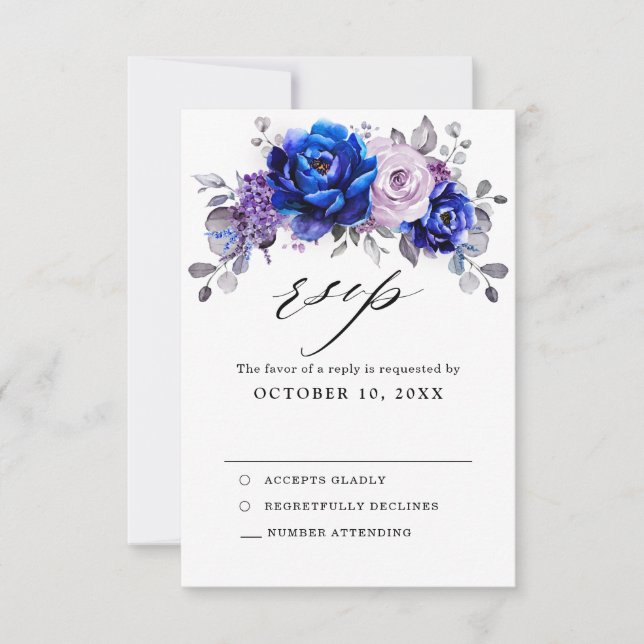 Royal Blue Lilac Purple Floral Wedding RSVP Card (Front)