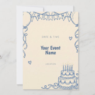 Royal Blue Line Art Cake Banner Invitation