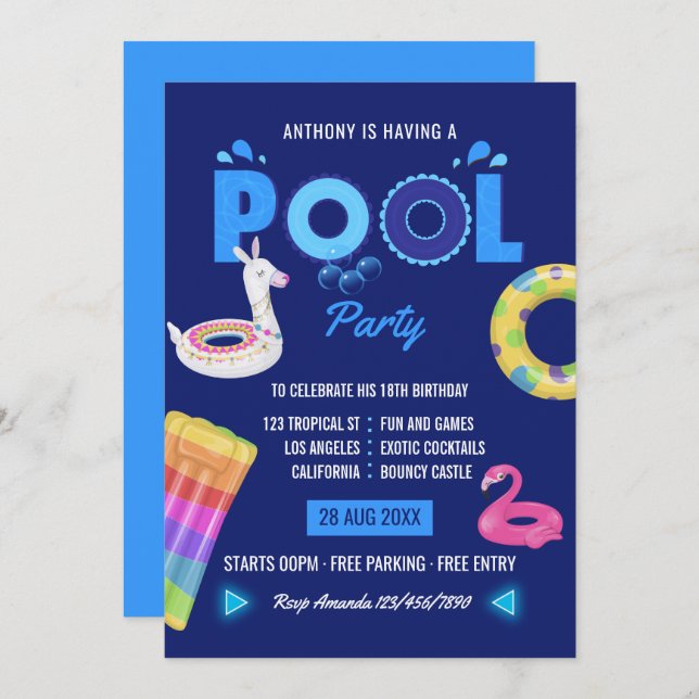 Royal Blue Llama Flamingo Pool Birthday Party Invitation (Front/Back)