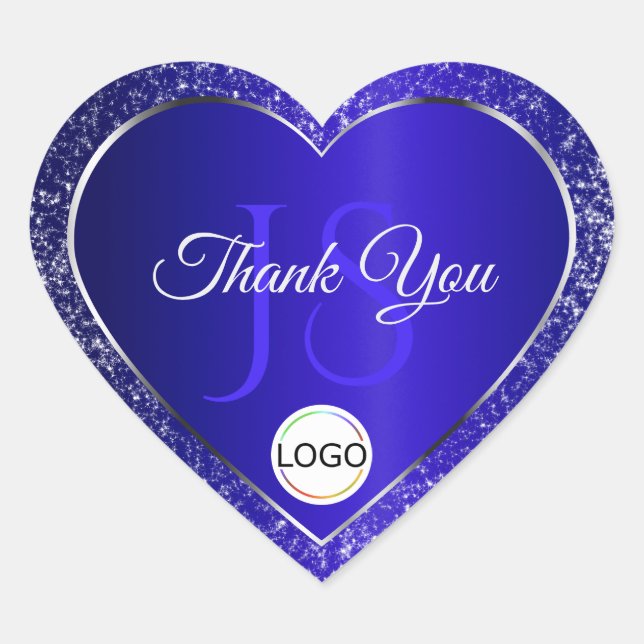 Royal Blue Logo Initials Glitter Cute Thank You Heart Sticker (Front)