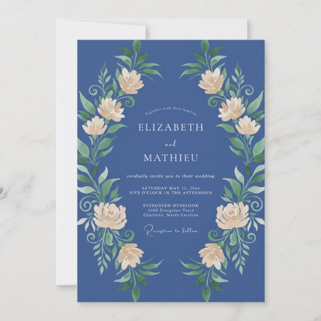 Royal Blue Luminous Peony Wedding Invitation (Front)