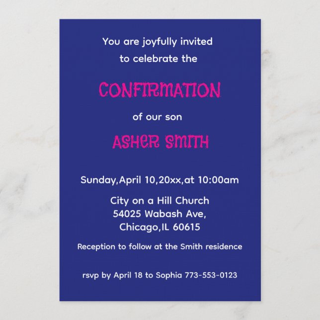 Royal Blue & Magenta Son's Confirmation Invitation (Front)