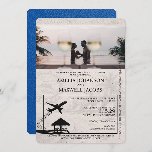 Royal Blue Maldives Passport Wedding Invitation (Front/Back)