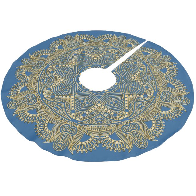 Royal Blue Mandala Star Pattern Fleece Brushed Polyester Tree Skirt (Angled)