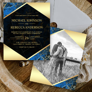 Royal Blue Marble Photo Budget Wedding Invitation