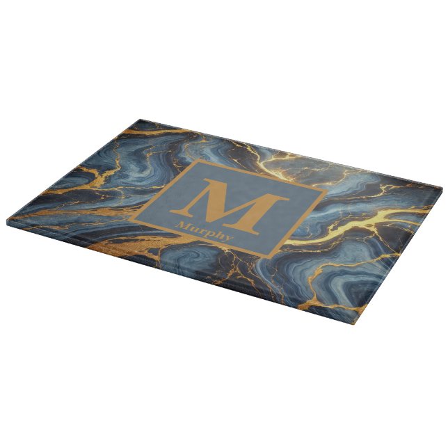 Royal Blue Marble with Golden Veins Monogram Cutting Board (Corner)