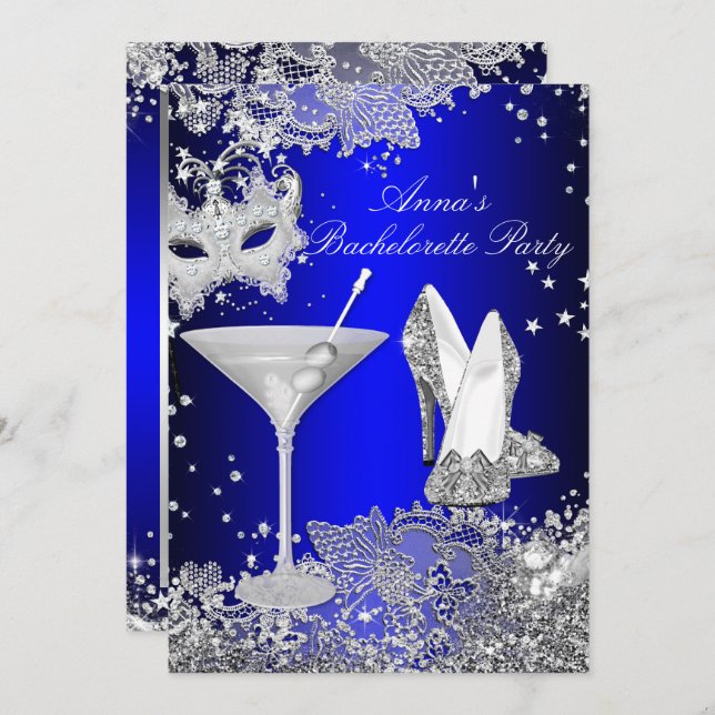 Royal Blue Mask & Jewel Lace Bachelorette Party Invitation (Front/Back)
