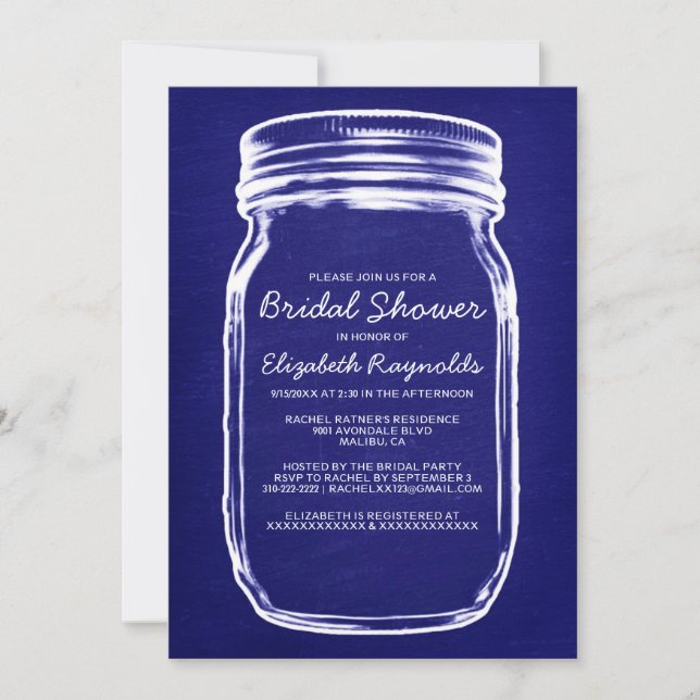 Royal Blue Mason Jar Bridal Shower Invitations (Front)