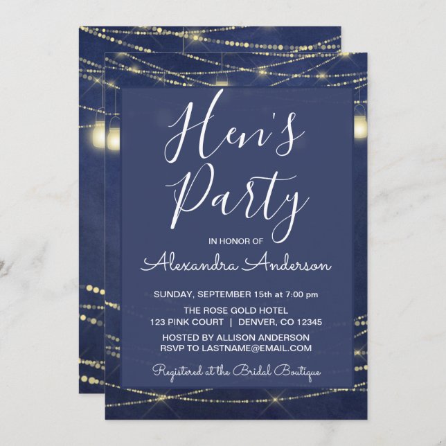 Royal Blue Mason Jars Hen's Night Out Party Invitation (Front/Back)