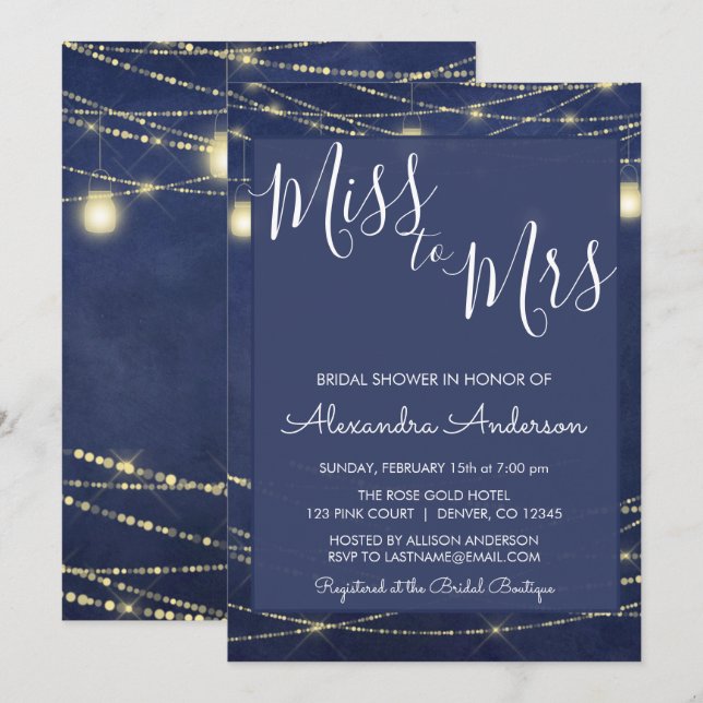 Royal Blue Mason Jars Miss to Mrs Bridal Shower Invitation (Front/Back)