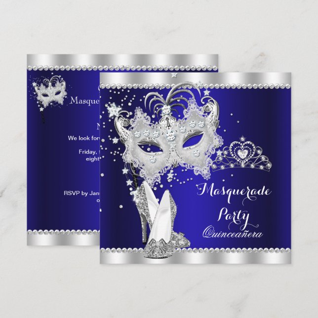 Royal Blue Masquerade Quinceanera Mask Hi Heels Invitation (Front/Back)