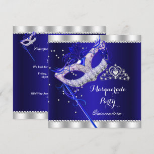 Royal Blue Masquerade Quinceanera Party Mask Gems Invitation