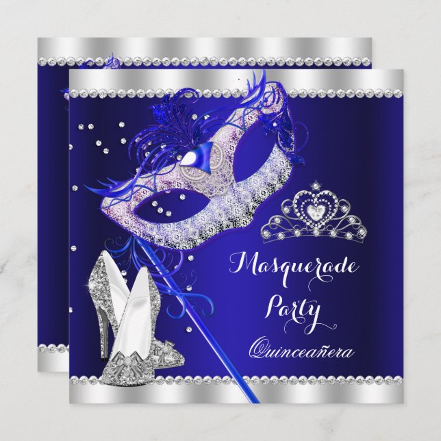 Royal Blue Masquerade Quinceanera Party Mask Heels Invitation (Front/Back)