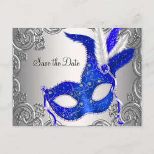 Royal Blue Masquerade Save The Date Announcement Postcard