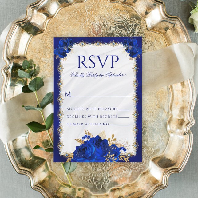 Royal Blue Metallic Elegant Floral Wedding RSVP Card (Creator Uploaded)