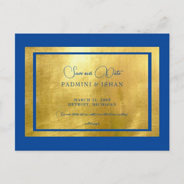 Royal Blue & Metallic Gold Regal Save our Date Postcard (Front)