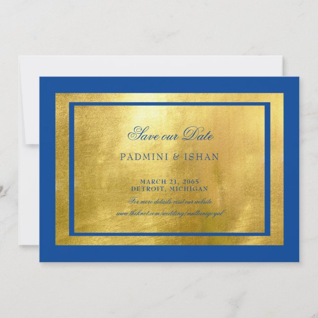 Royal Blue & Metallic Gold Regal  Save The Date (Front)
