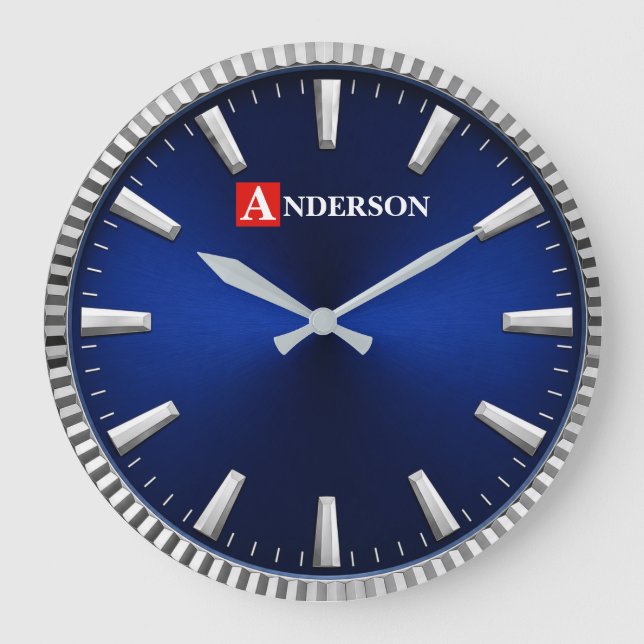  Royal Blue Minimalist Luxury Blue & Silver Large Clock (Front)