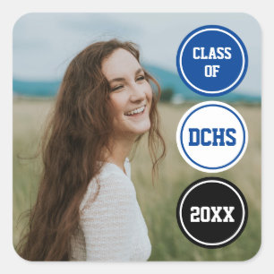 Royal Blue Modern Circles Photo Graduation Square Sticker