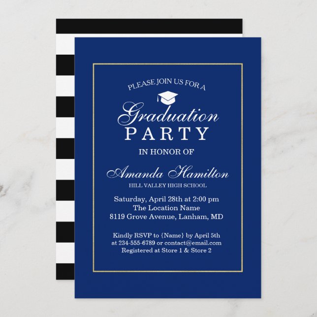 Royal blue Modern Classic gold Frame Graduation Invitation (Front/Back)