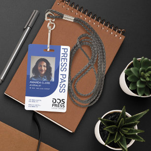 Royal Blue Modern & Minimal Press Pass Photo ID ID Badge