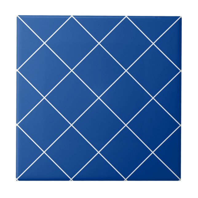Royal Blue Modern Simple Geometric Diamond Grid Ceramic Tile (Front)