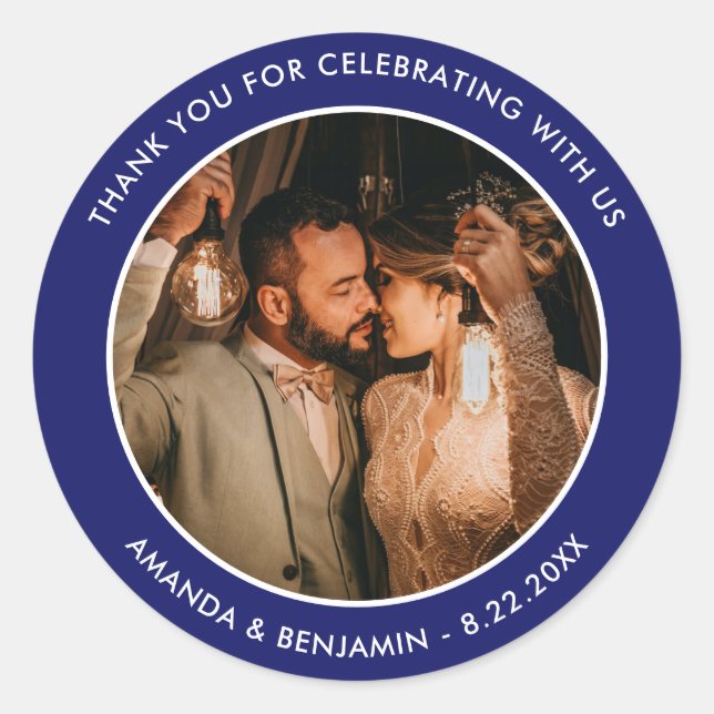 Royal Blue Modern Thank You Photo Wedding Favour Classic Round Sticker (Front)