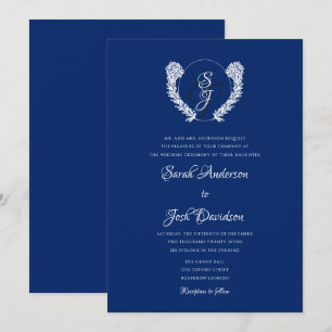 Royal Blue Monogram Elegant Wedding  Invitation