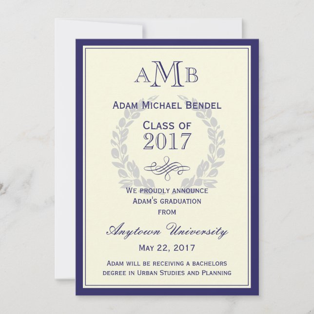 Royal Blue Monogram Graduation Announcement (Front)