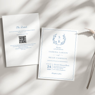 Royal Blue Monogram Wreath QR Code Wedding Invitation