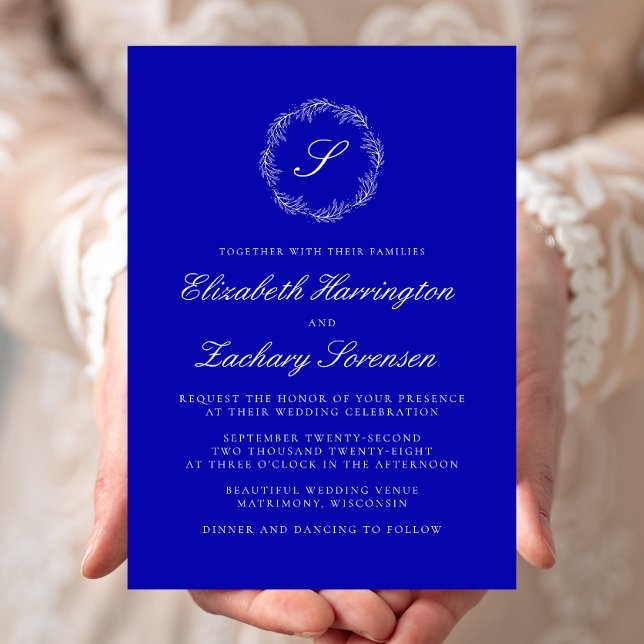 Royal Blue Monogram Wreath White Script Wedding Invitation (Creator Uploaded)