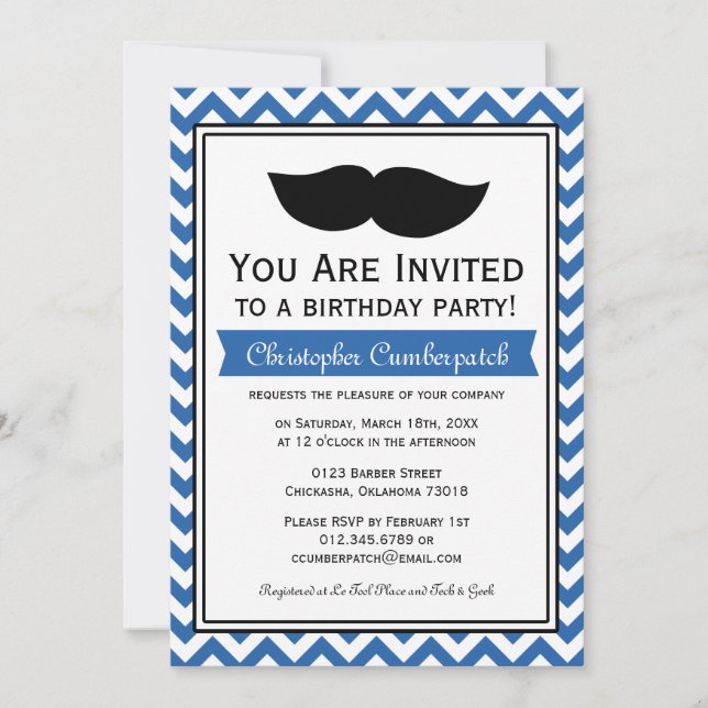 Royal Blue Moustache Chevron Birthday Party Invitation (Front)