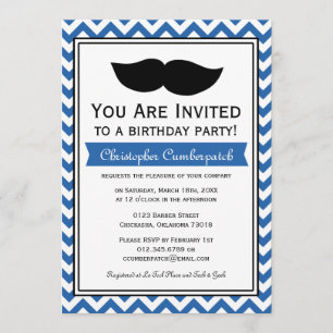 Royal Blue Moustache Chevron Birthday Party Invitation