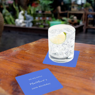 Royal blue name script birthday square paper coaster