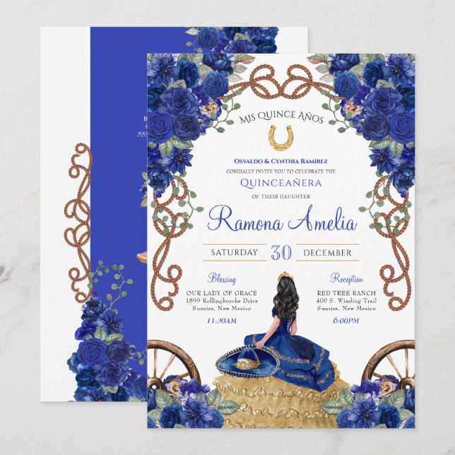 Royal Blue Navy Rose Charra Western Quinceañera  Invitation (Front/Back)