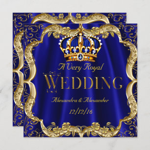Royal Blue Navy Wedding Gold Crown Invitation