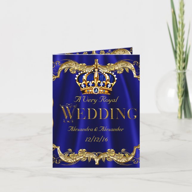 Royal Blue Navy Wedding Gold Crown Photo Invitation (Front)