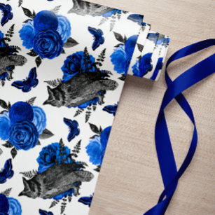 ROYAL BLUE NIGHT BIRDS GOTHIC CHRISTMAS WRAPPING PAPER