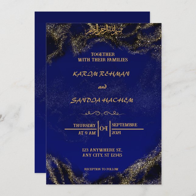 Royal Blue Nikah Islamic Muslim Wedding Invitation (Front/Back)