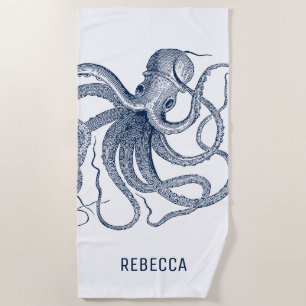 Royal Blue Octopus Illustration Beach Towel