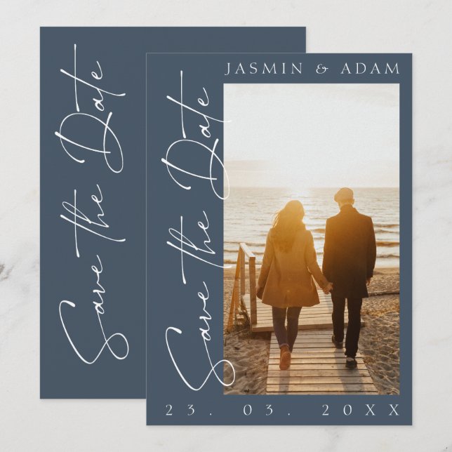 Royal Blue Opulence Typography Photo Wedding Save The Date (Front/Back)
