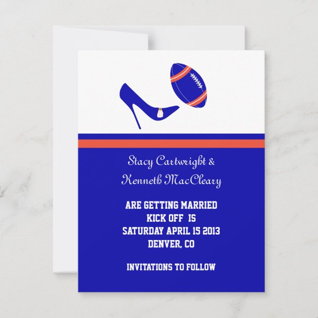 Royal Blue & Orange Football Save The Date (Front)