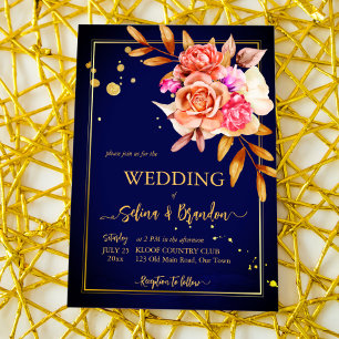 Royal blue orange yellow flowers fall wedding invitation