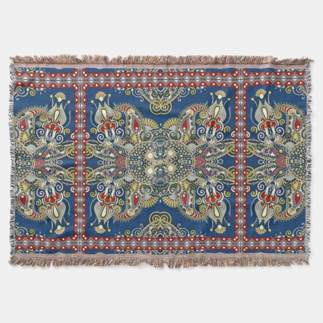 Royal Blue Oriental Design Throw Blanket (Front)