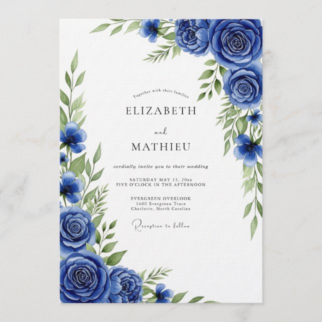 Royal Blue Painterly Bloom Wedding Invitation (Front)