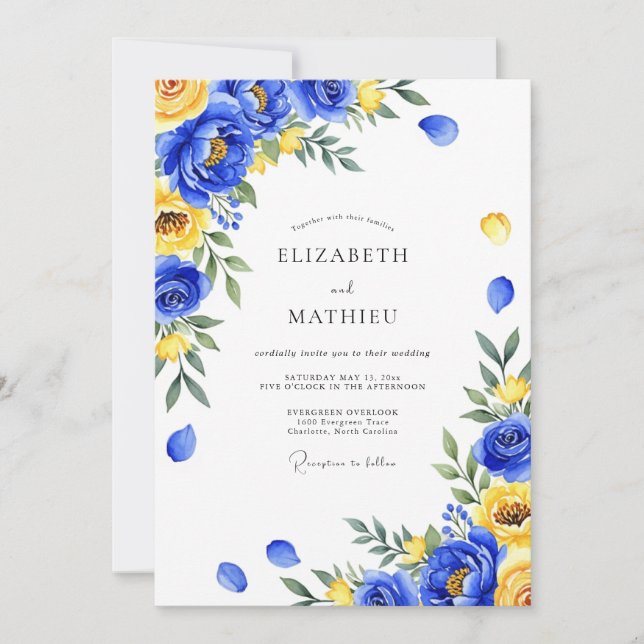 Royal Blue Painterly Botanical Wedding Invitation (Front)