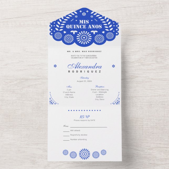 Royal Blue Papel Picado Mis Quince Años All In One Invitation (Inside)